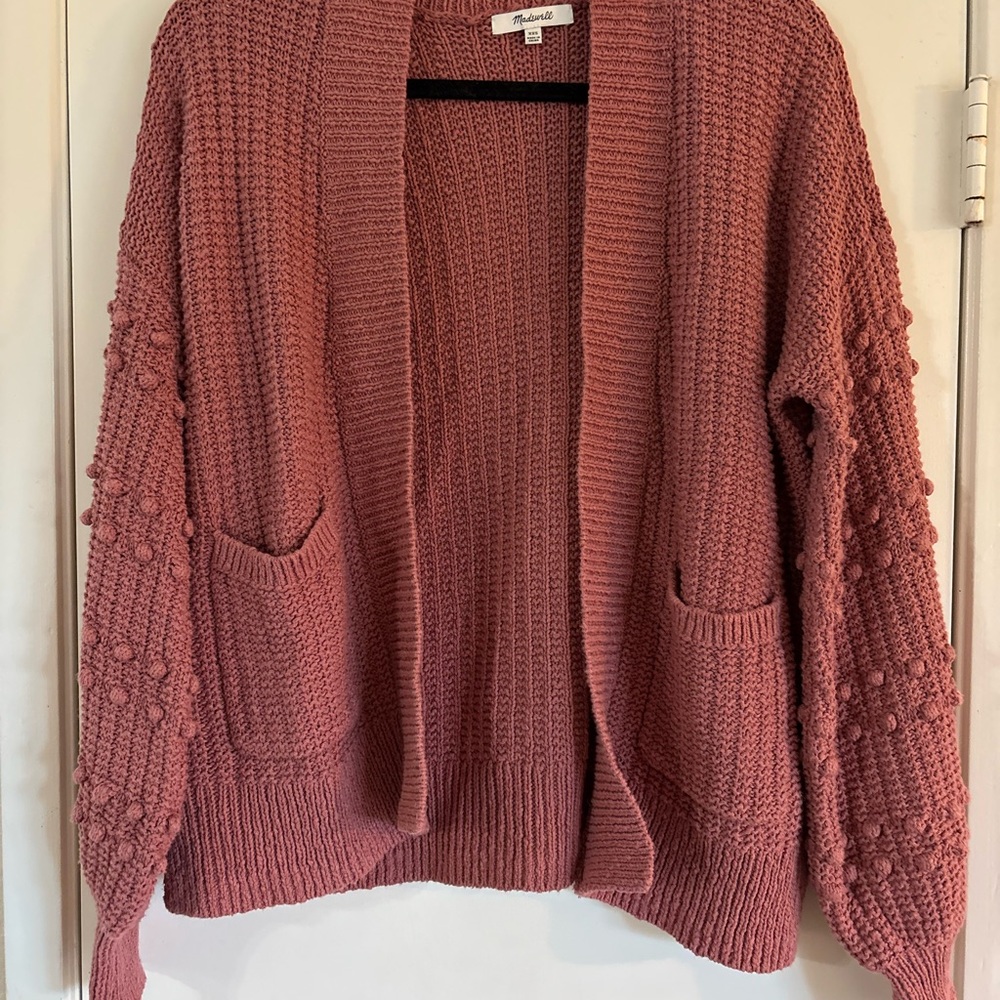 Madewell Oversized Bobble Pom Pom Balloon Sleeve Knit Cardigan Sweater